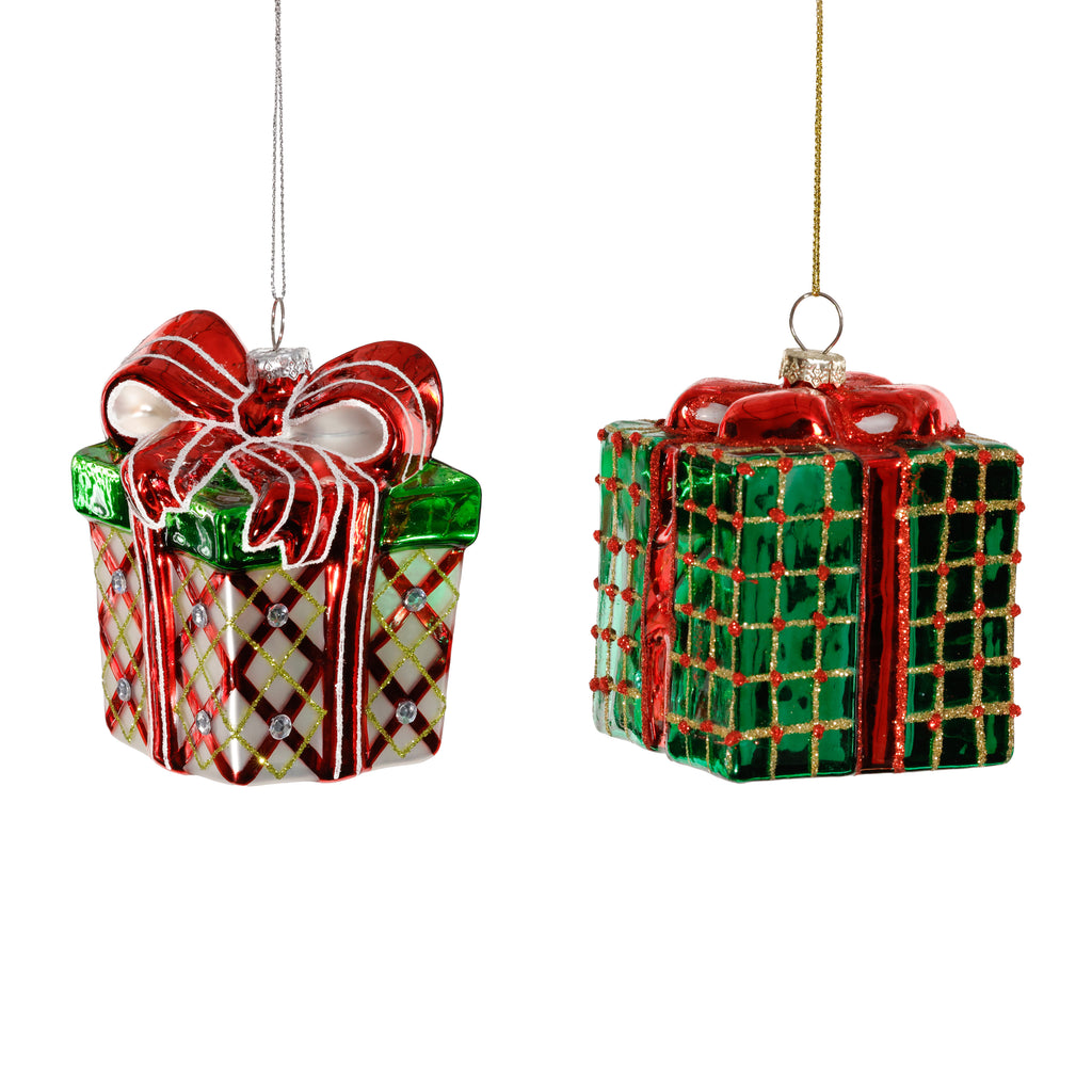 Glass Gift Box Ornament - 2 Assorted Pieces