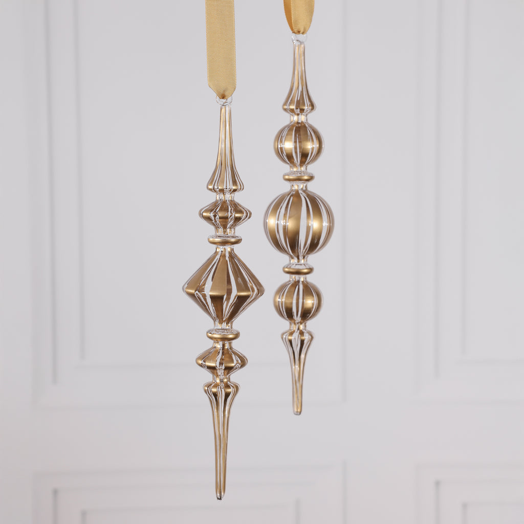 Gold Trimmed Artisan Blown Glass Finial Ornament - 2 Assorted Pieces