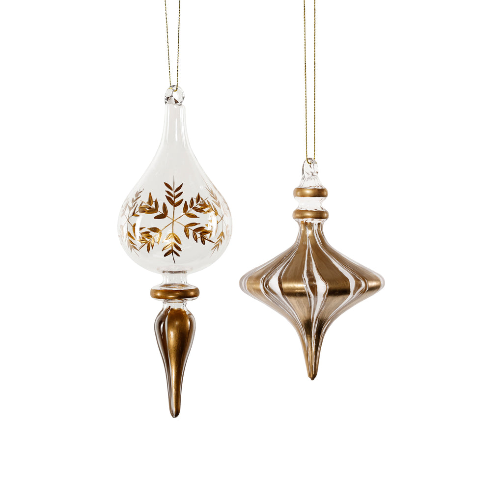 Gold Trimmed Artisan Blown Glass Finial Ornament - 2 Assorted Pieces