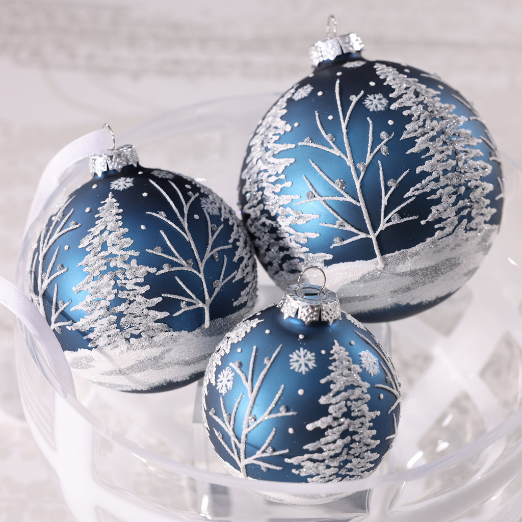 Glass Ball Ornament with White Tree Design