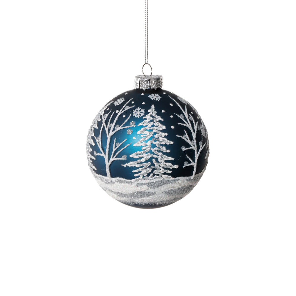Glass Ball Ornament with White Tree Design
