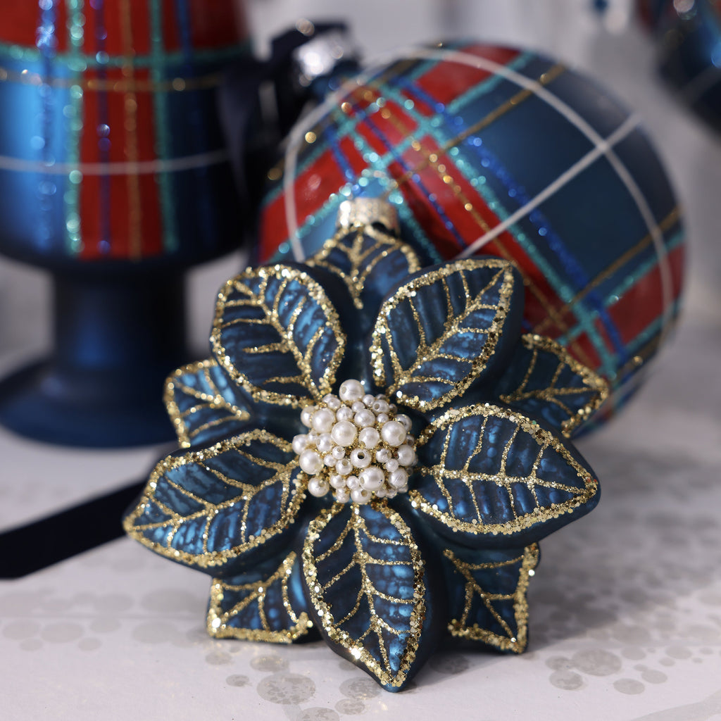 Poinsettia Glass Ornament - Blue