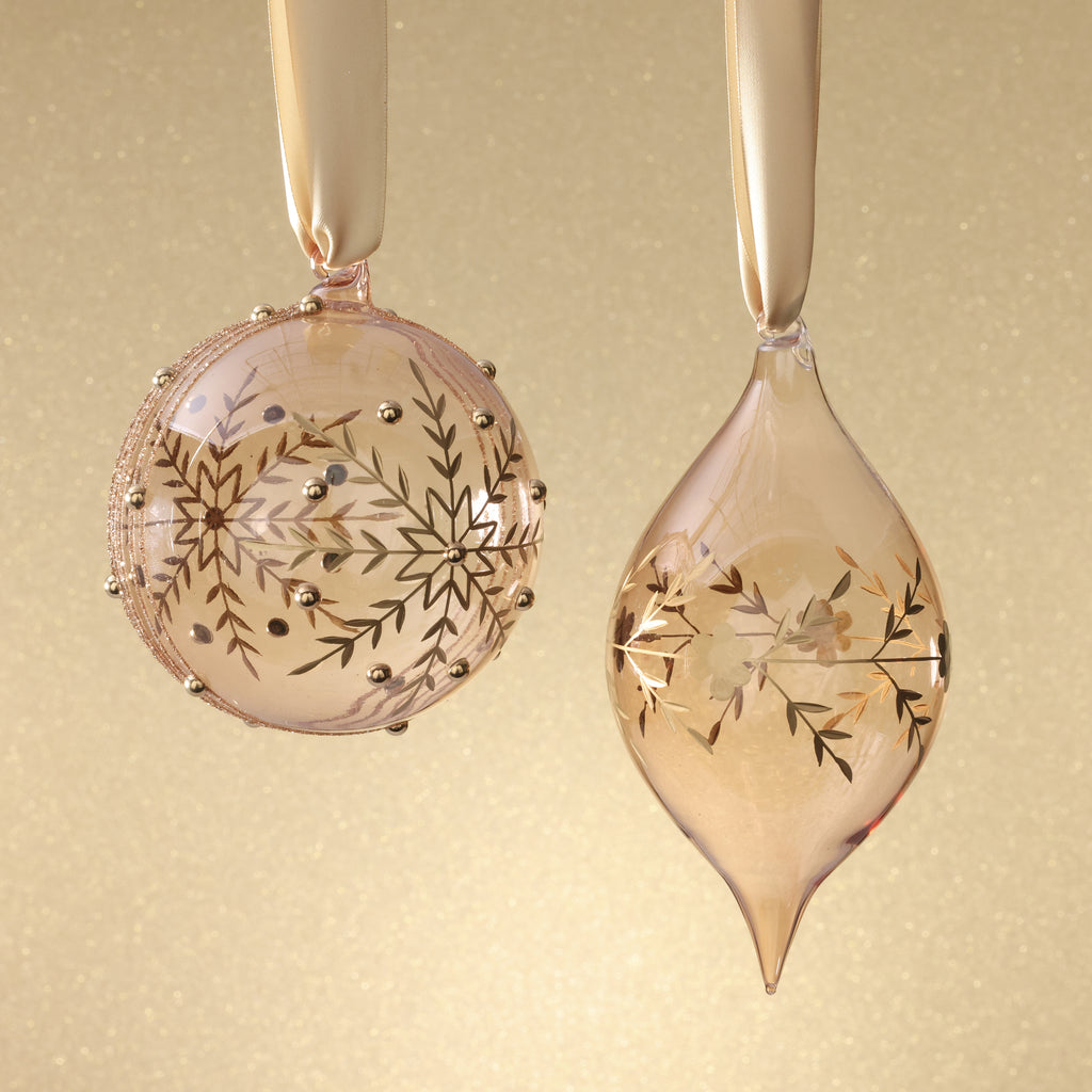 Blush Blown Glass Ornament with Gold Etched Snowflake Design - 2 Assorted Pieces