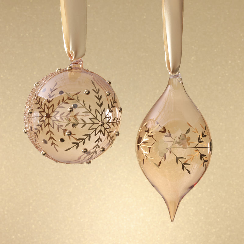 Blush Blown Glass Ornament with Gold Etched Snowflake Design - 2 Assorted Pieces