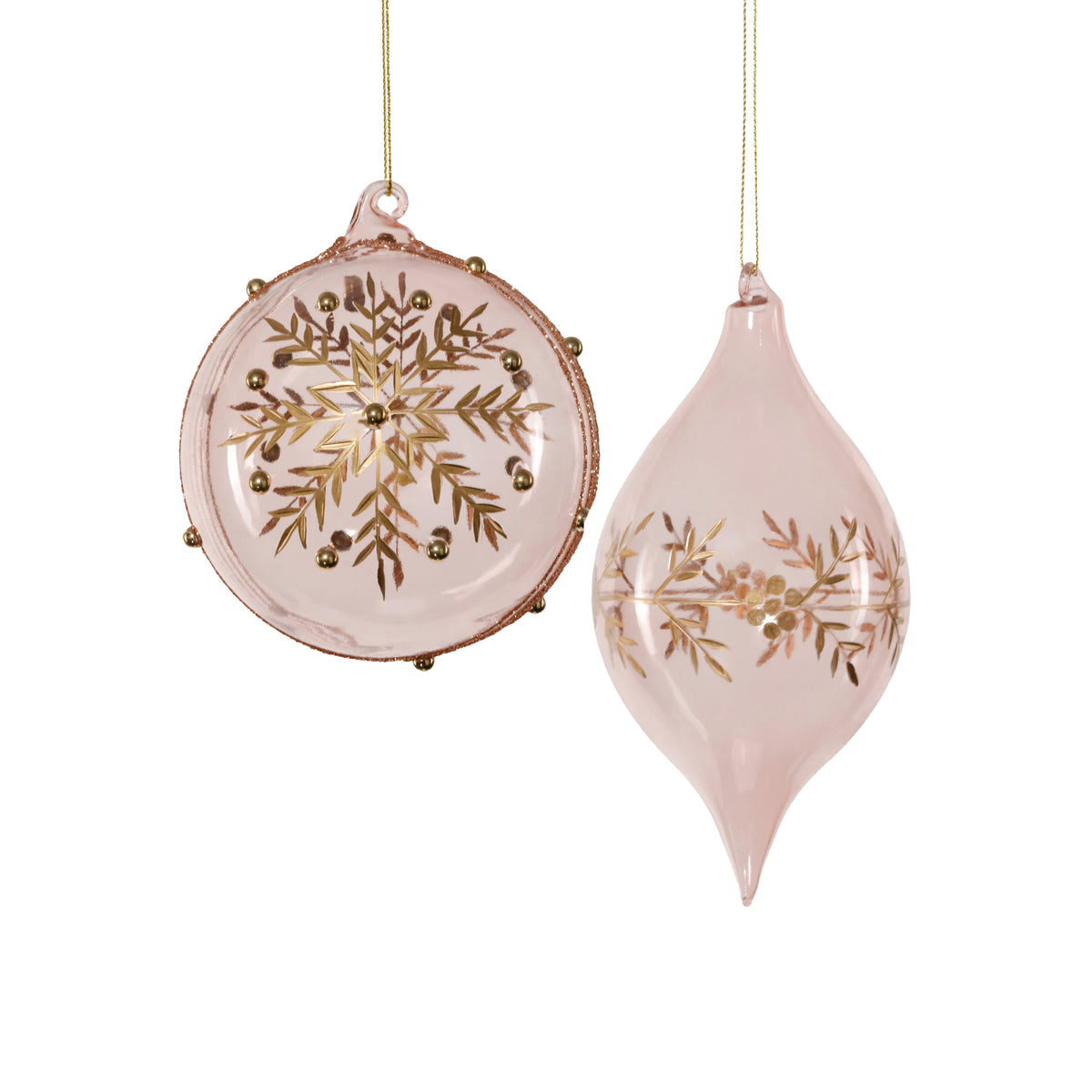 Blush Blown Glass Ornament with Gold Etched Snowflake Design - 2 Assorted Pieces