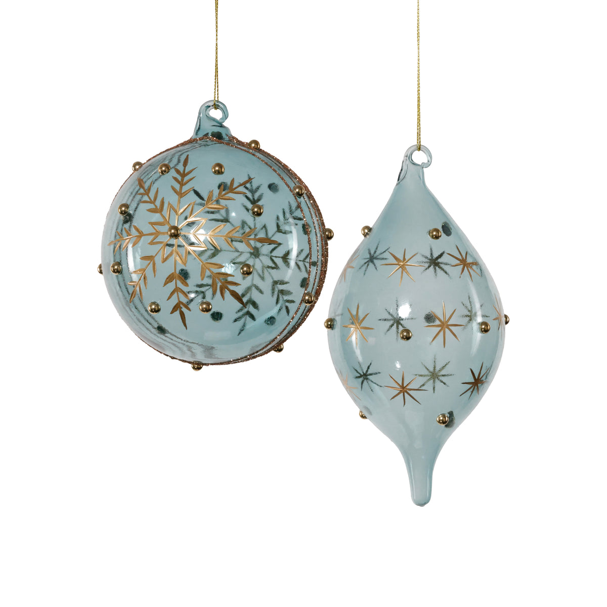 Blue Blown Glass Ornament with Gold Etched Snowflake Design - 2 Assorted Pieces