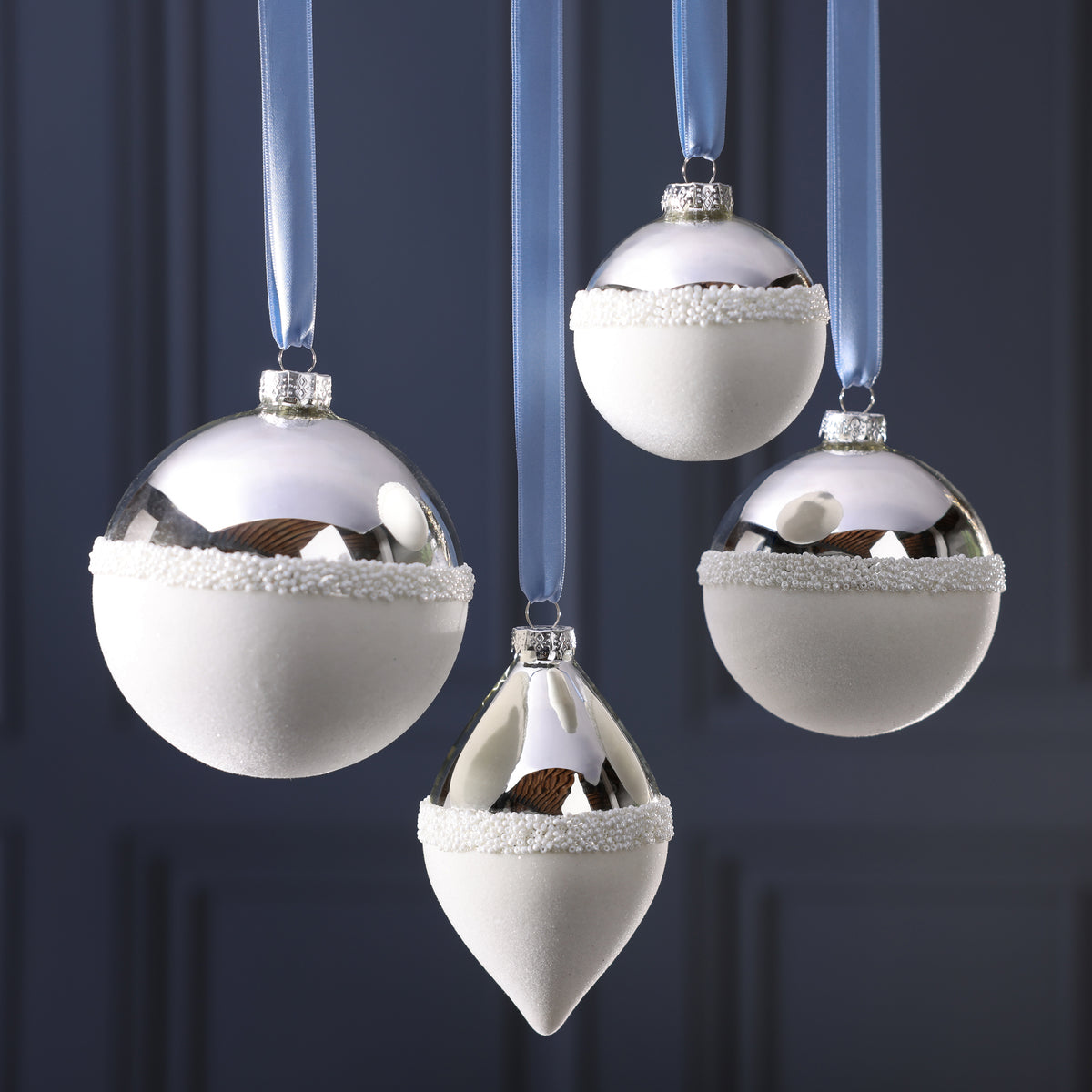 Silver and White Glass Ornament, Teardrop