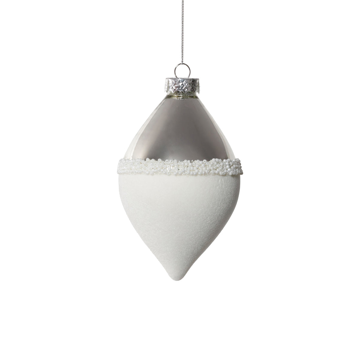 Silver and White Glass Ornament, Teardrop