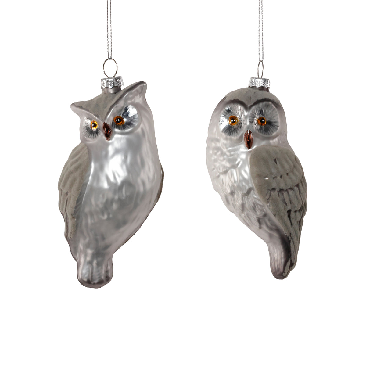 Silver and Gray Owl Glass Ornament - 2 Assorted Pieces