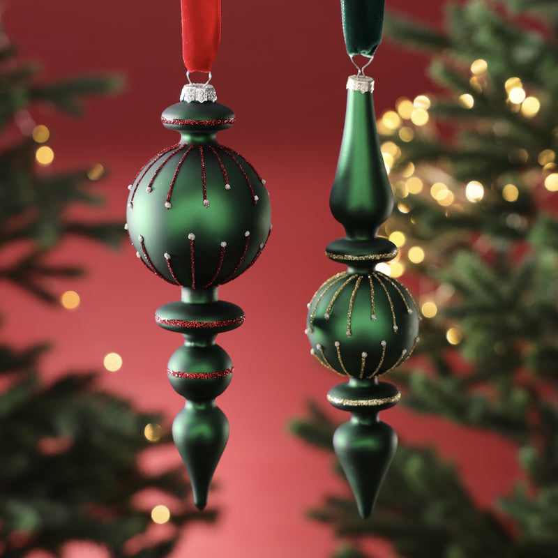 Holiday Glass Finial Ornament - 2 Assorted Designs - Green