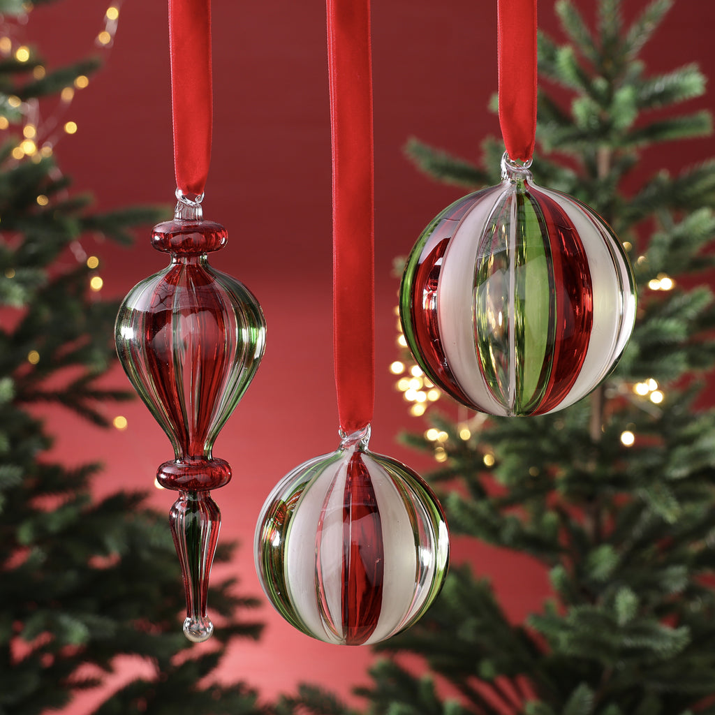 Holiday Glass Ball and Finial Ornament - 3 Assorted Pieces - Red, Green & Clear