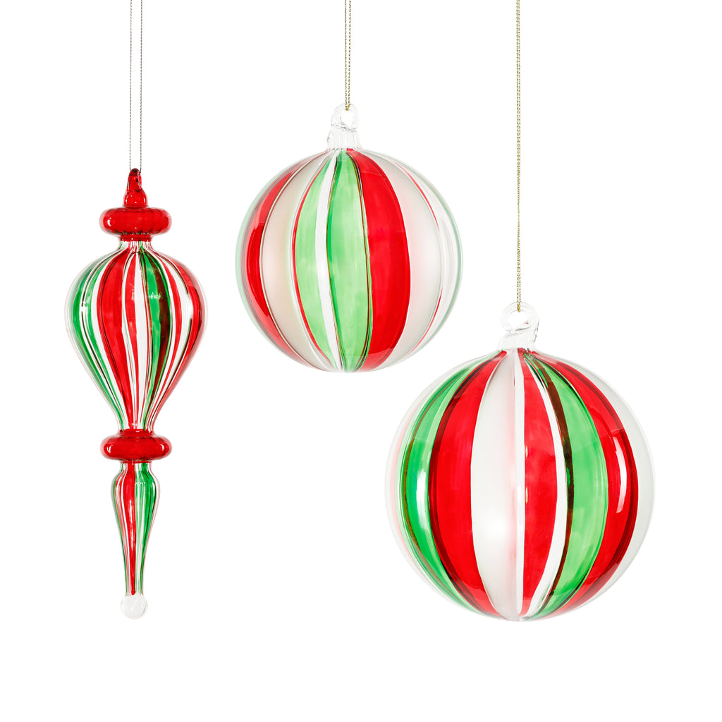 Holiday Glass Ball and Finial Ornament - 3 Assorted Pieces - Red, Green & Clear