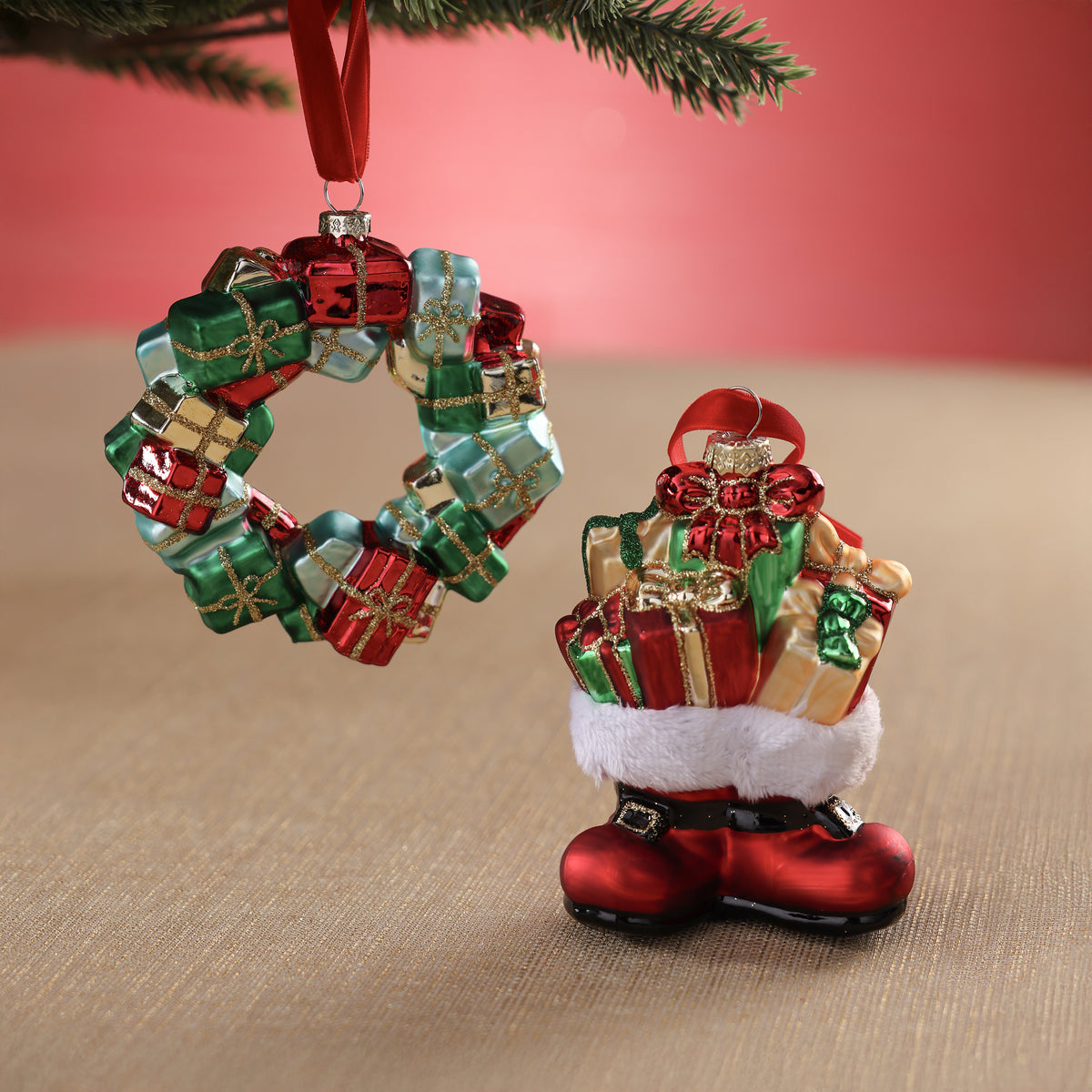 Holiday Gift Box Wreath Glass Ornament