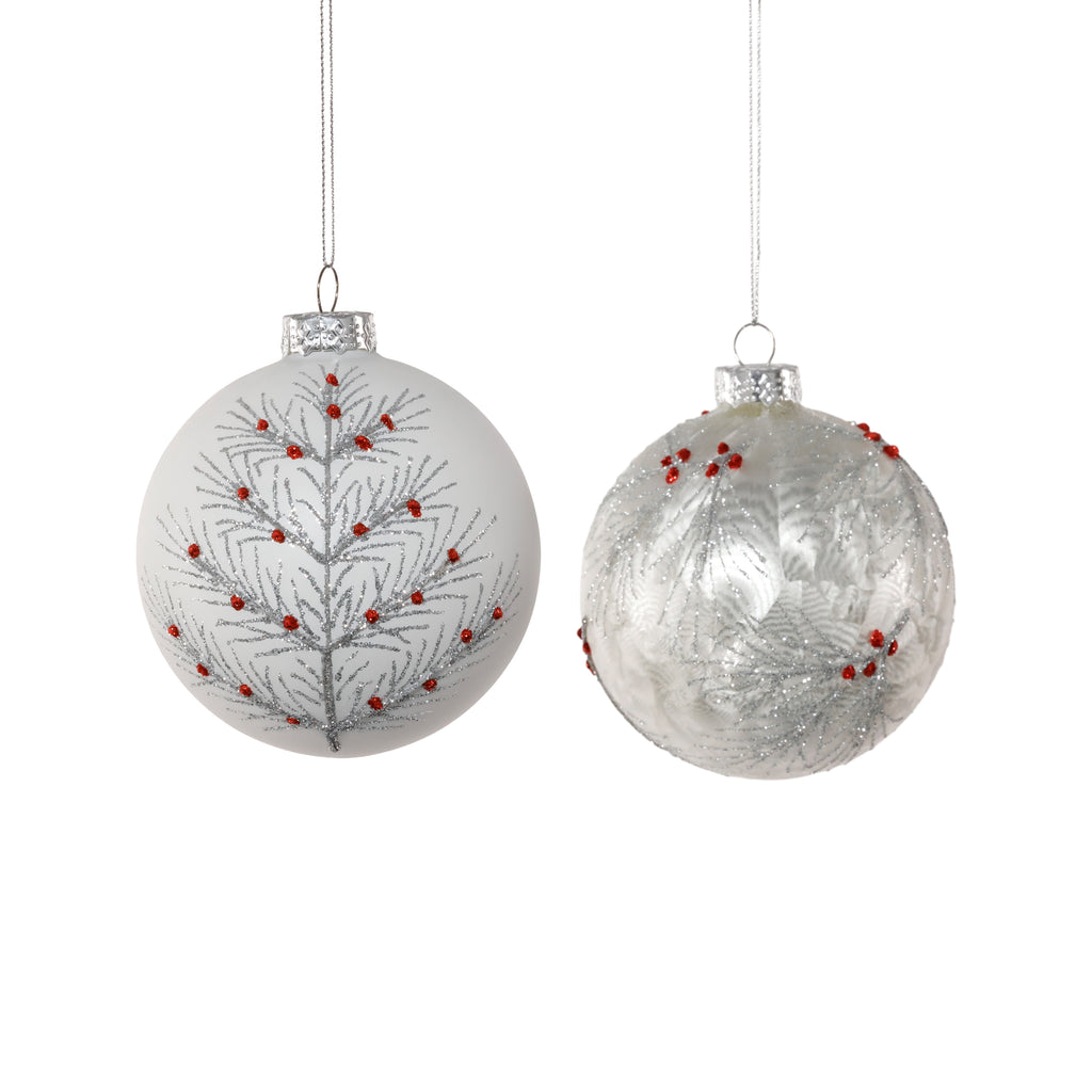 Matt White Glass Ornament - Branch & Berry Design - 2 Assorted Pieces