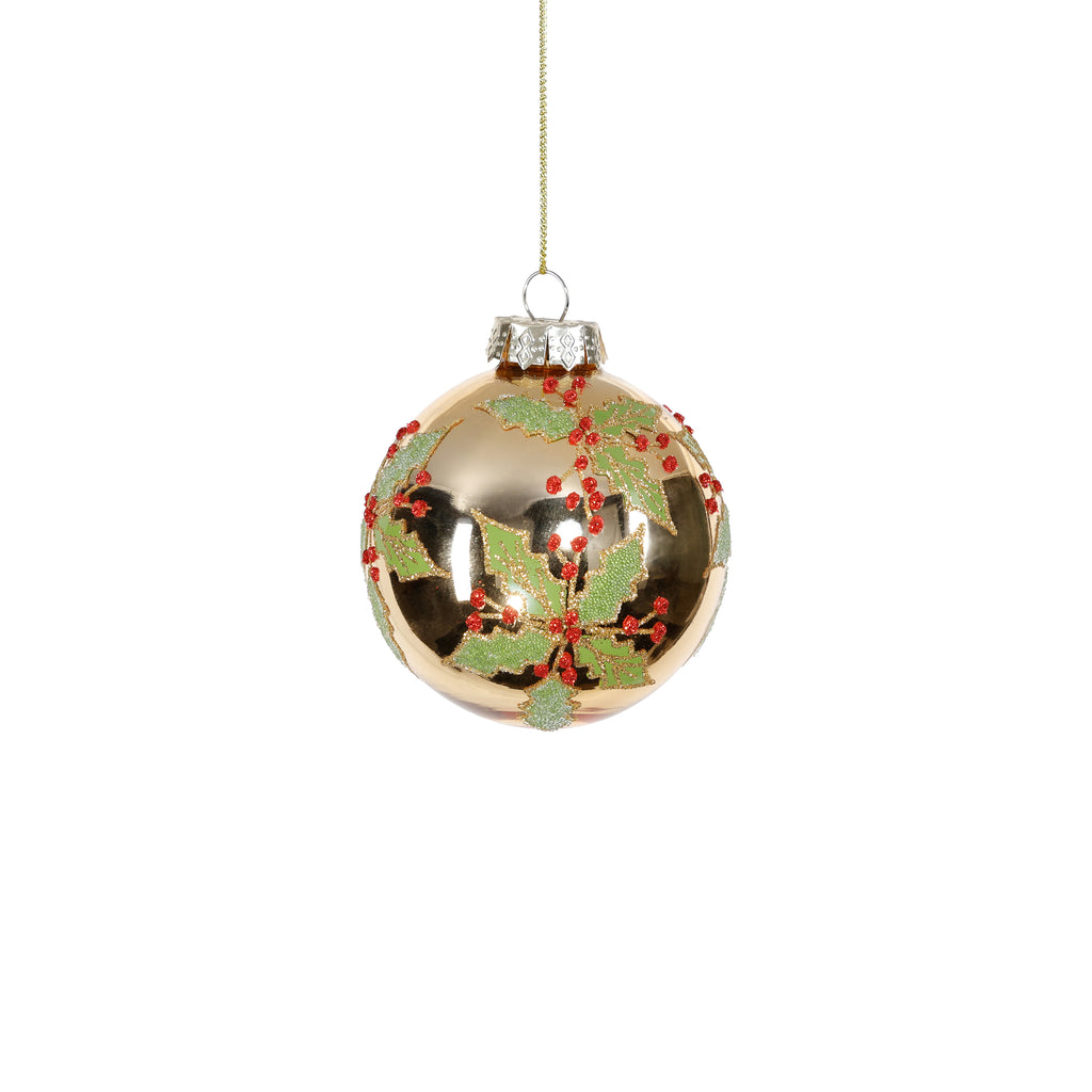 Holly Leaf with Berry Gold Glass Ornament