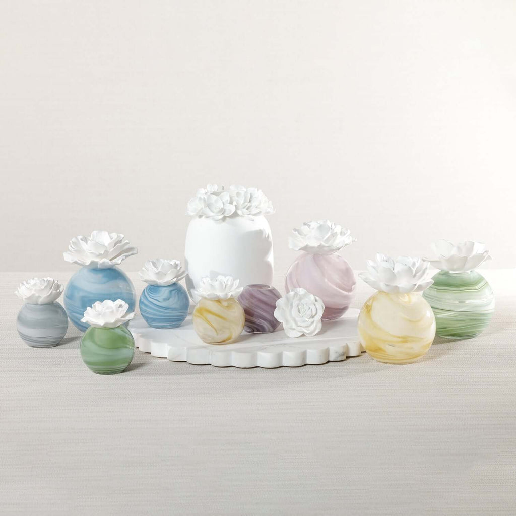 Petals Porcelain Diffuser - Large collection of marbled glass diffusers with delicate porcelain flowers.