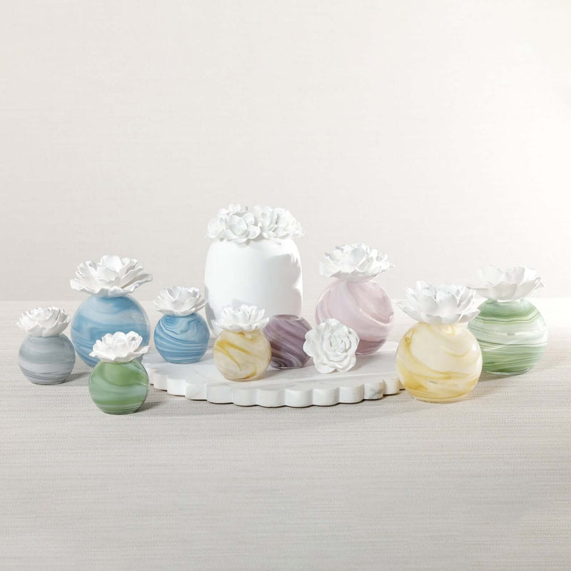 Petals Porcelain Diffuser - Large collection of marbled glass diffusers with delicate porcelain flowers.