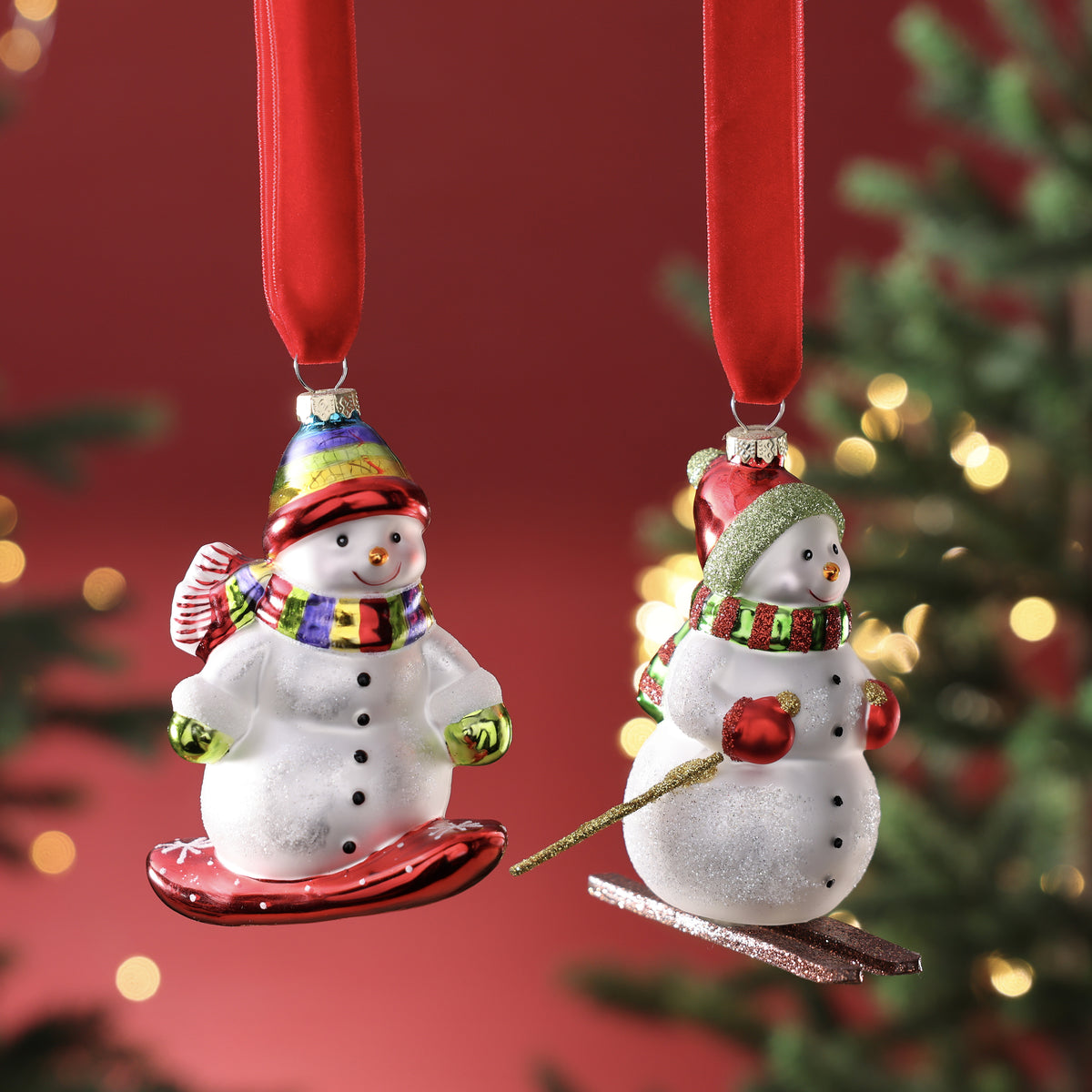 Glass Snowboarding Snowman Ornament - 2 Assorted Pieces