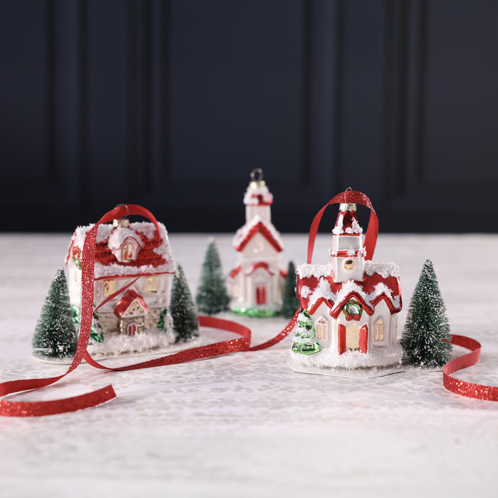 Village Glass Ornament - 3 Assorted Styles - 3 pcs Assorted Styles