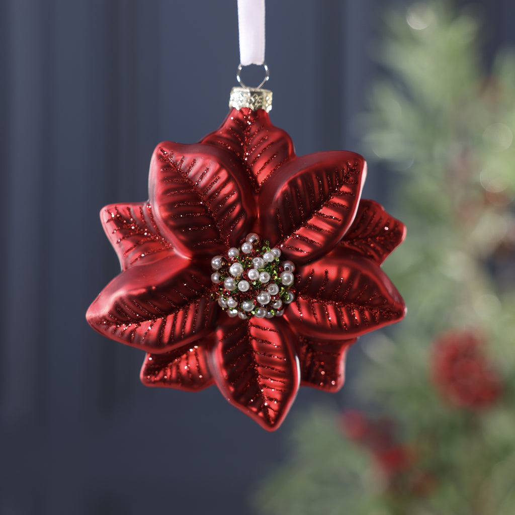 Red Poinsettia Glass Ornament