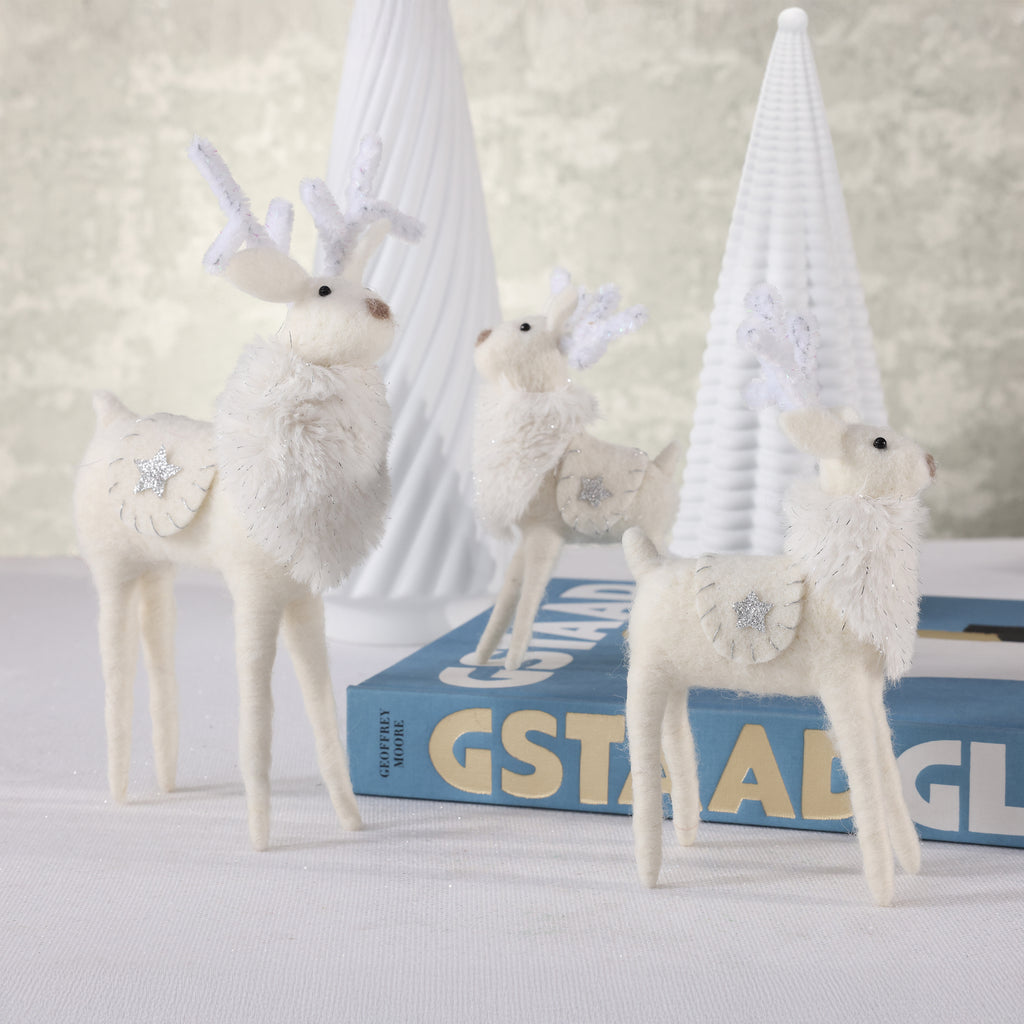 White Deer Wool Tabletop Decoration - 3 Assorted Sizes
