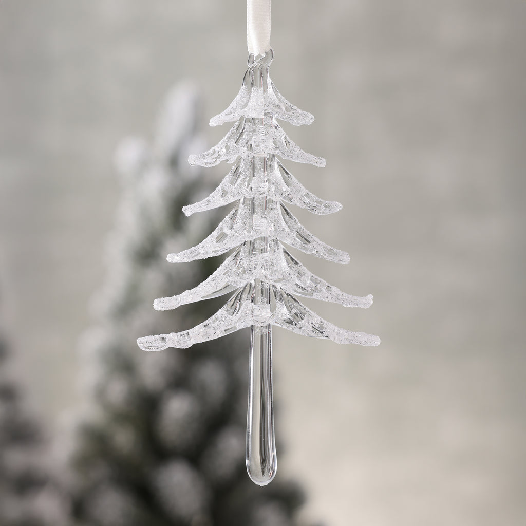 Clear Glass Snow Tree with White Glitter