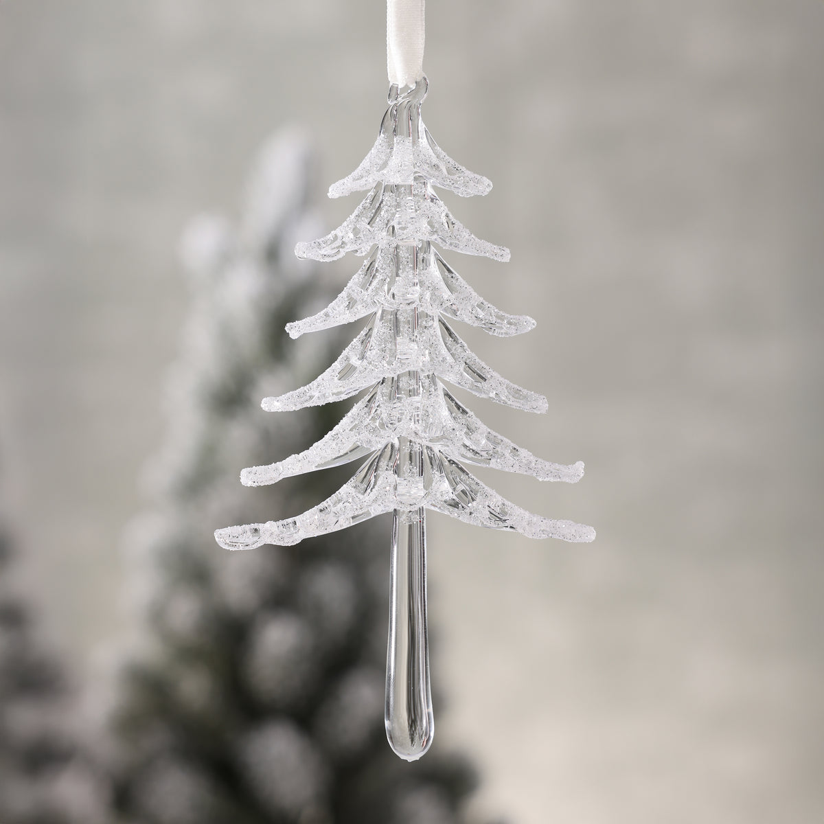Clear Glass Snow Tree with White Glitter