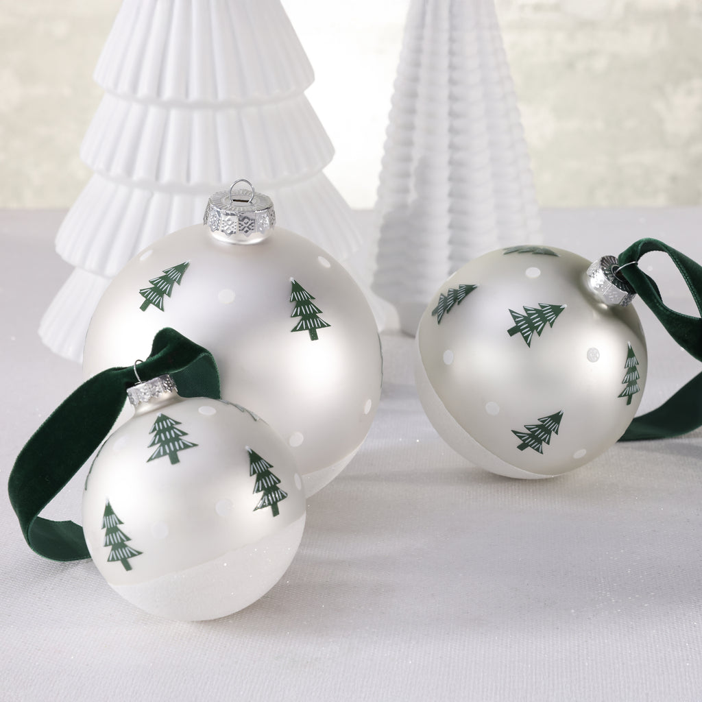 Matt White Glass Ornament with Scattered Trees