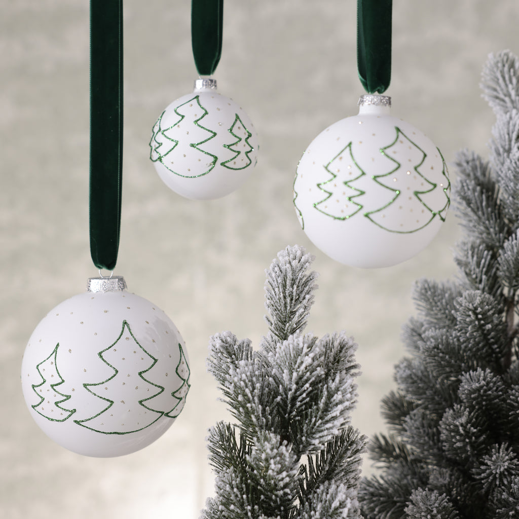 Matt White Glass Ball Ornament with Green Tree Silhouette