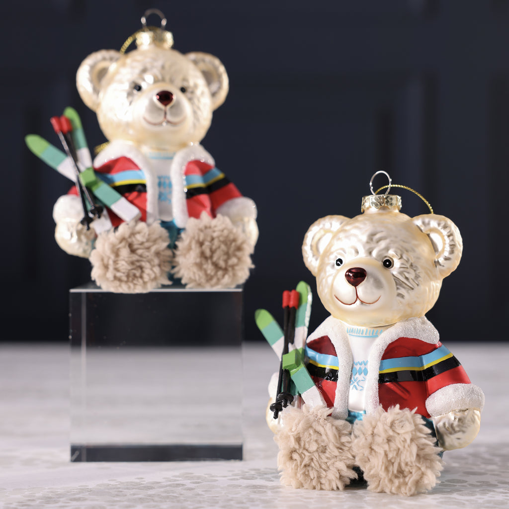 Bear with Skis Glass Ornament