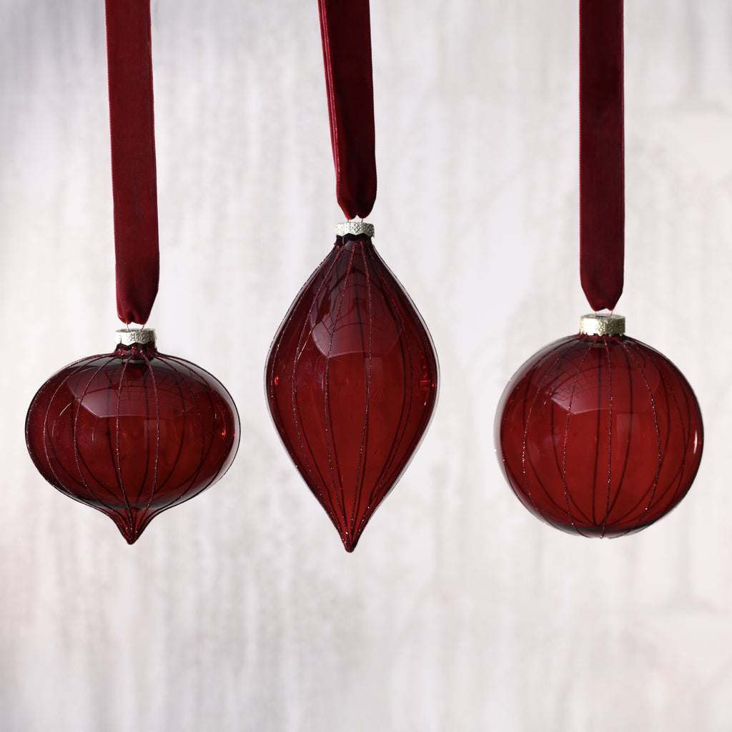 Glitter Stripe Glass Ornament Trio - 3 Assorted Designs