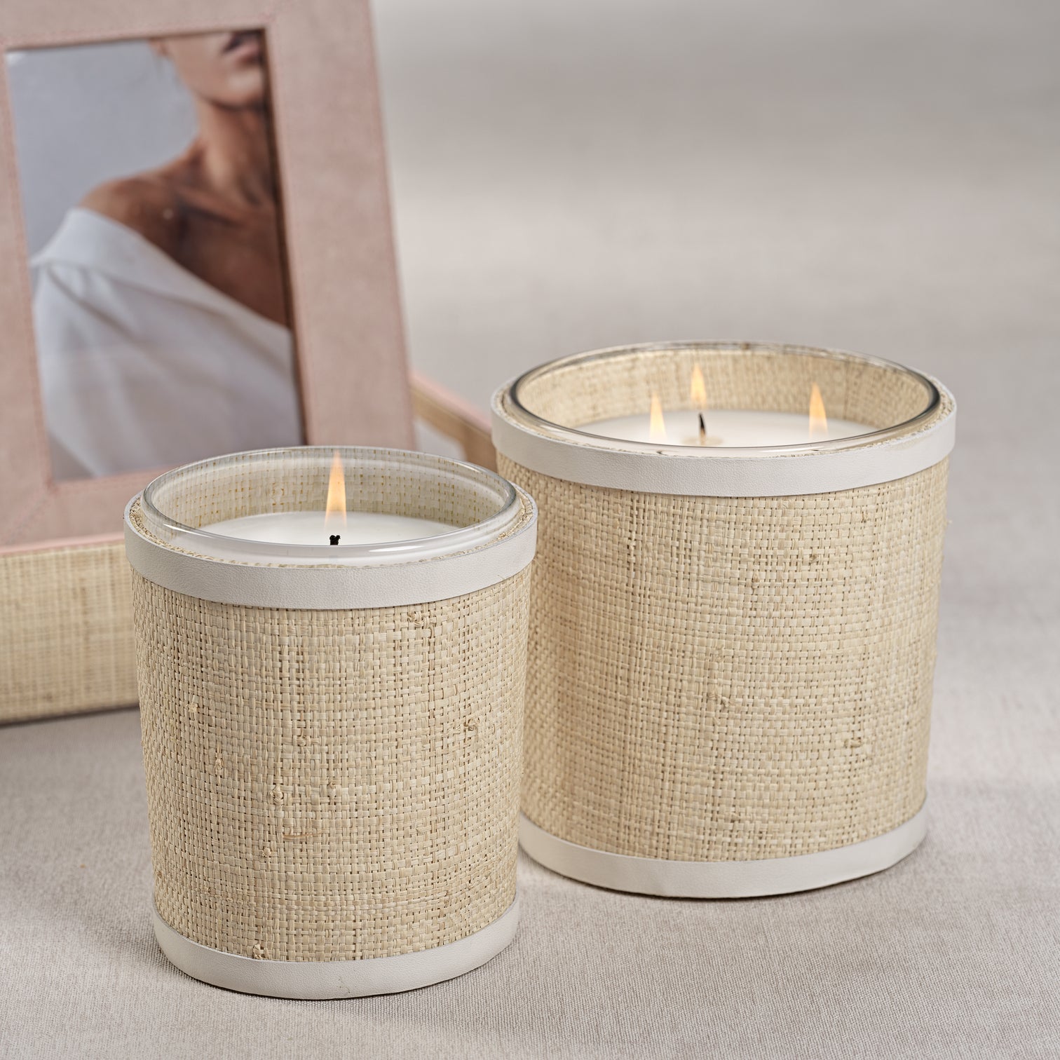 Candle in Natural Raffia Basket w/ Leather Trim - White - Candles by Carlyle Avenue