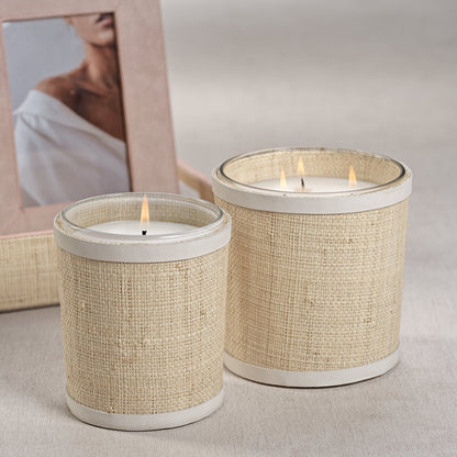 Candle in Natural Raffia Basket w/ Leather Trim - White - Candles by Carlyle Avenue
