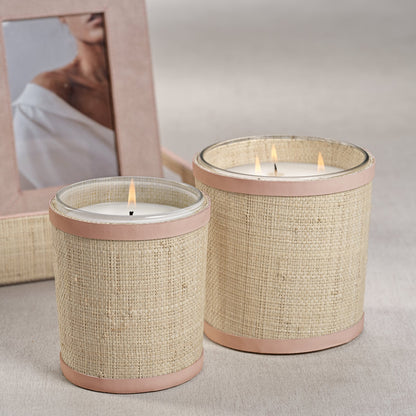 Candle in Natural Raffia Basket w/ Leather Trim - Pink - Candles by Carlyle Avenue