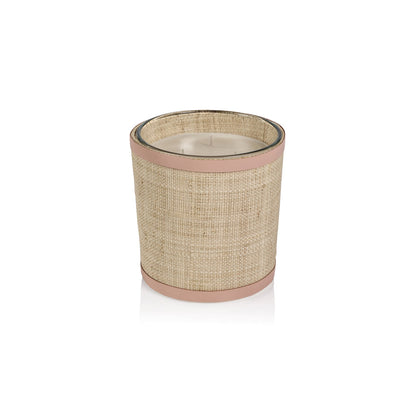 Candle in Natural Raffia Basket w/ Leather Trim - Pink - Candles by Carlyle Avenue
