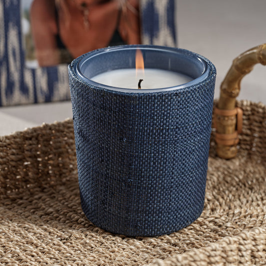 Candle in Natural Raffia Basket - Navy Blue