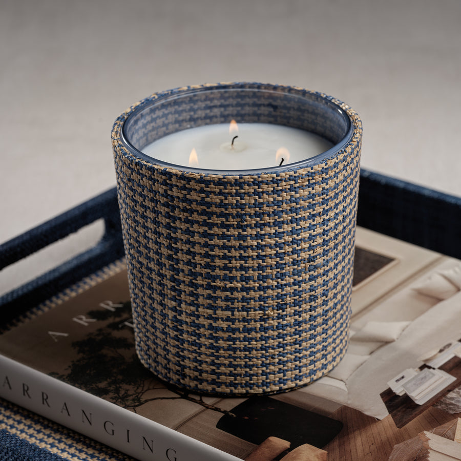 Candle in Natural Raffia Basket - Blue & Houndstooth