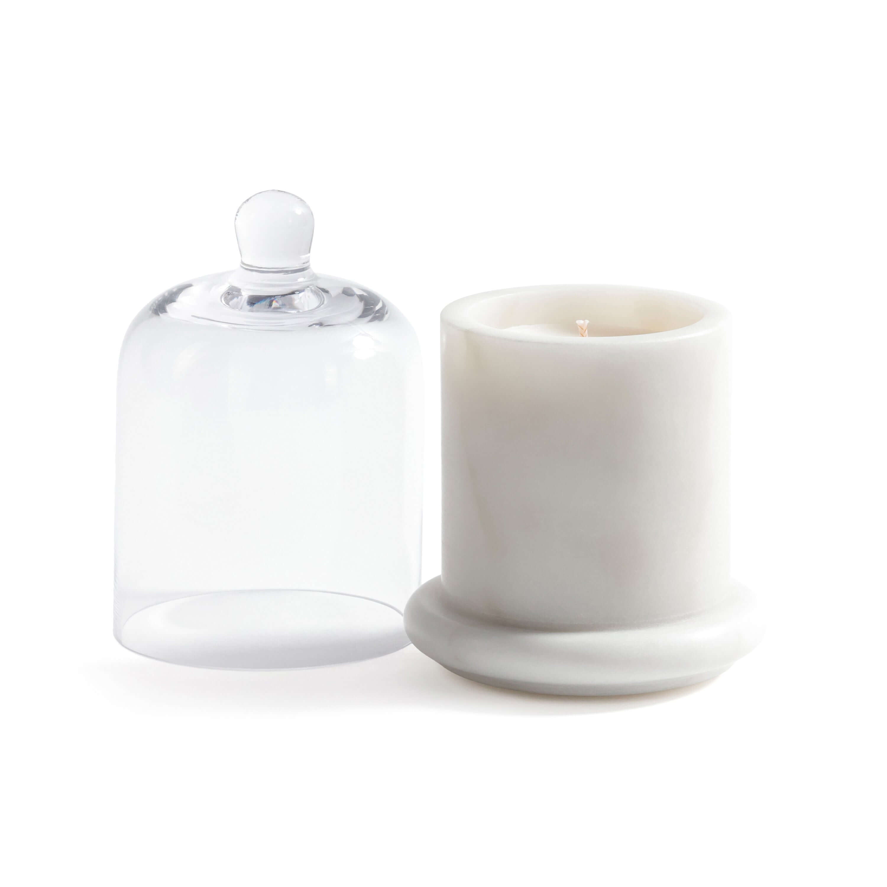 Marbella Scented Candle Jar with Cloche displayed with clear cloche and marble jar, showcasing elegance and unique design.