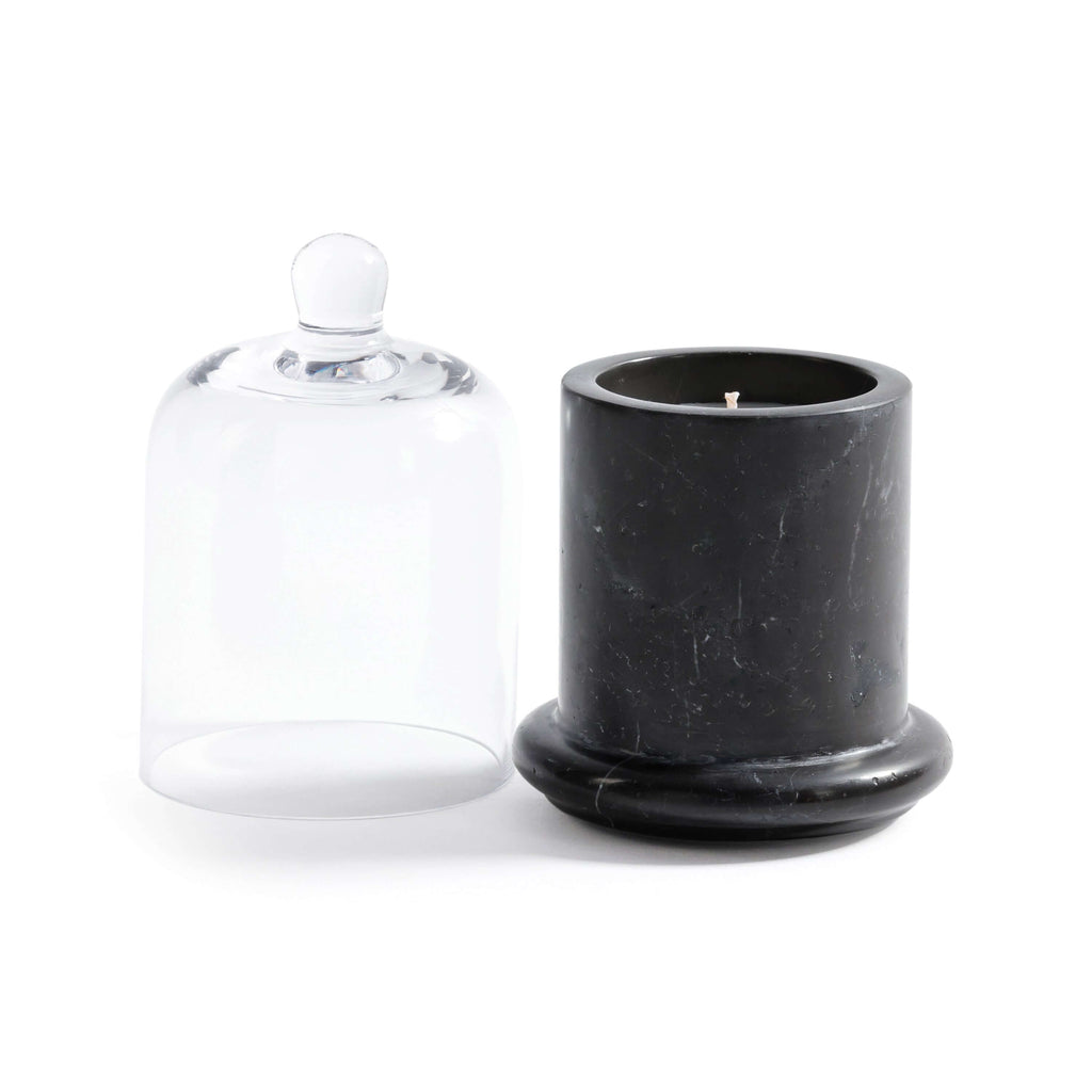 Marbella Scented Candle Jar with Cloche, featuring a unique marble jar and hand-blown glass cloche.