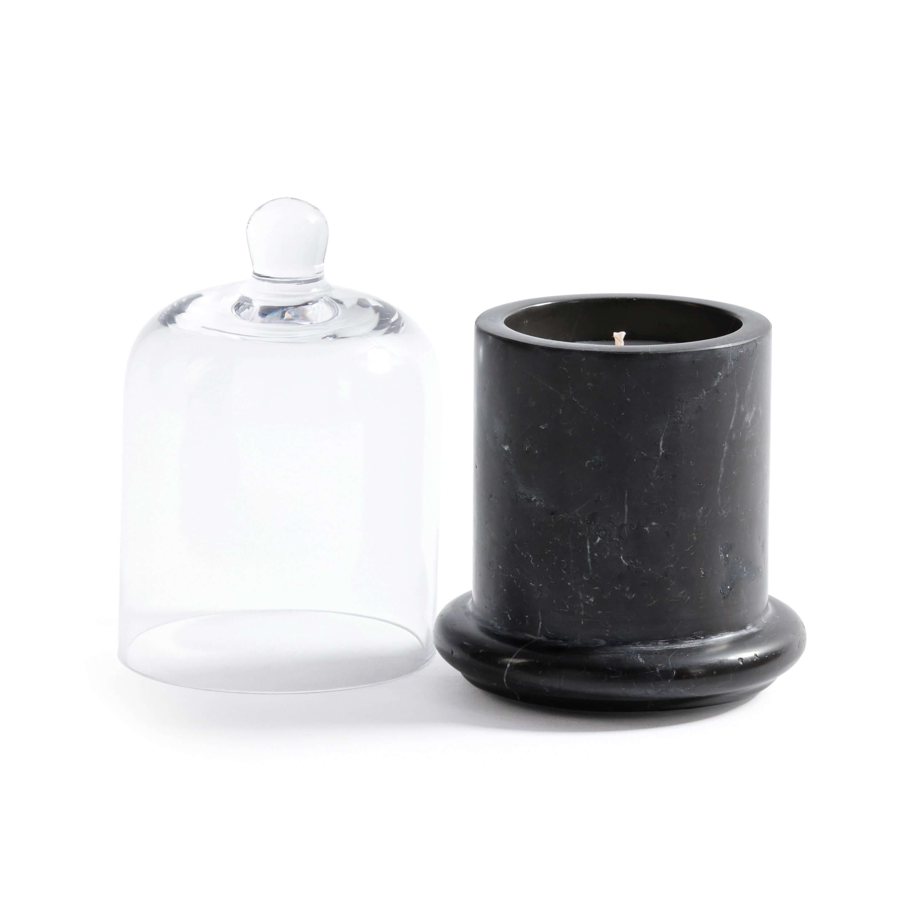 Marbella Scented Candle Jar with Cloche, featuring a unique marble jar and hand-blown glass cloche.