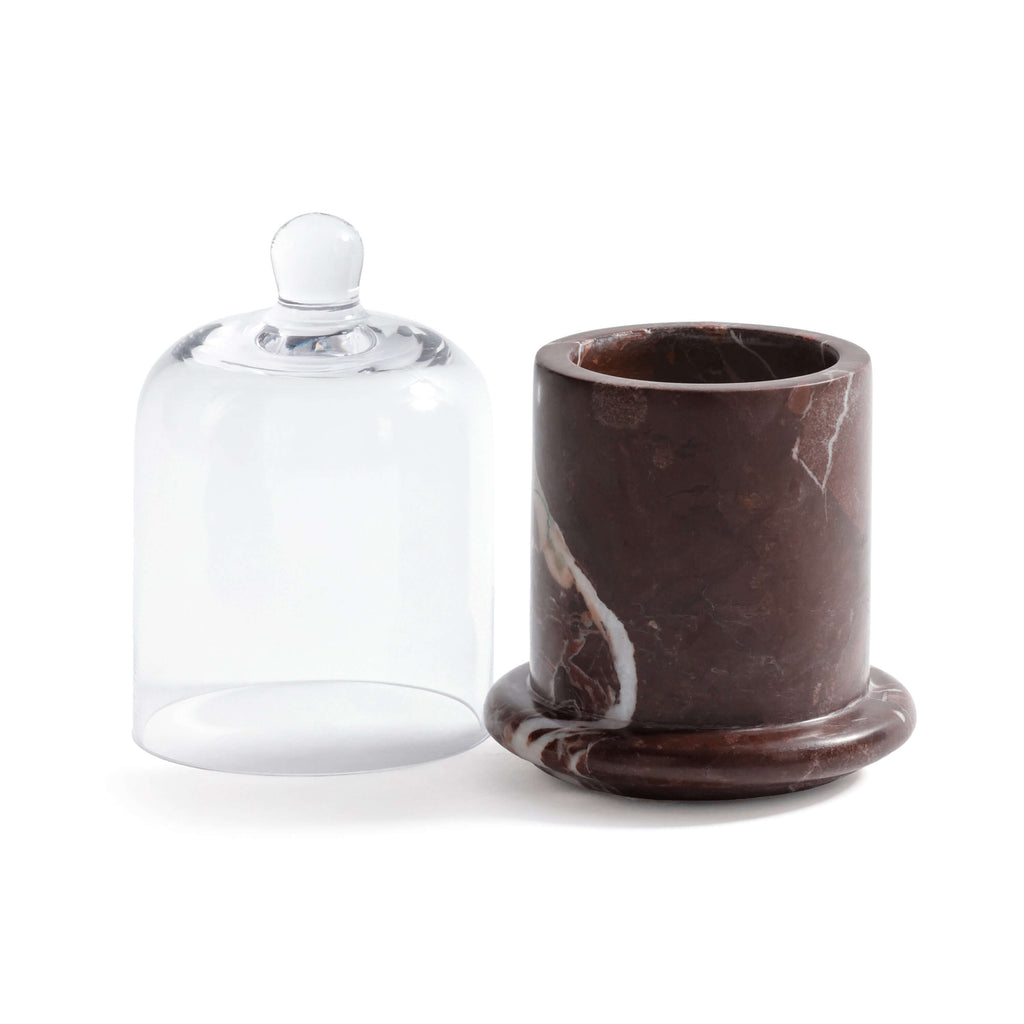 Marbella Scented Candle Jar with Cloche featuring natural marble and hand-blown glass cloche.
