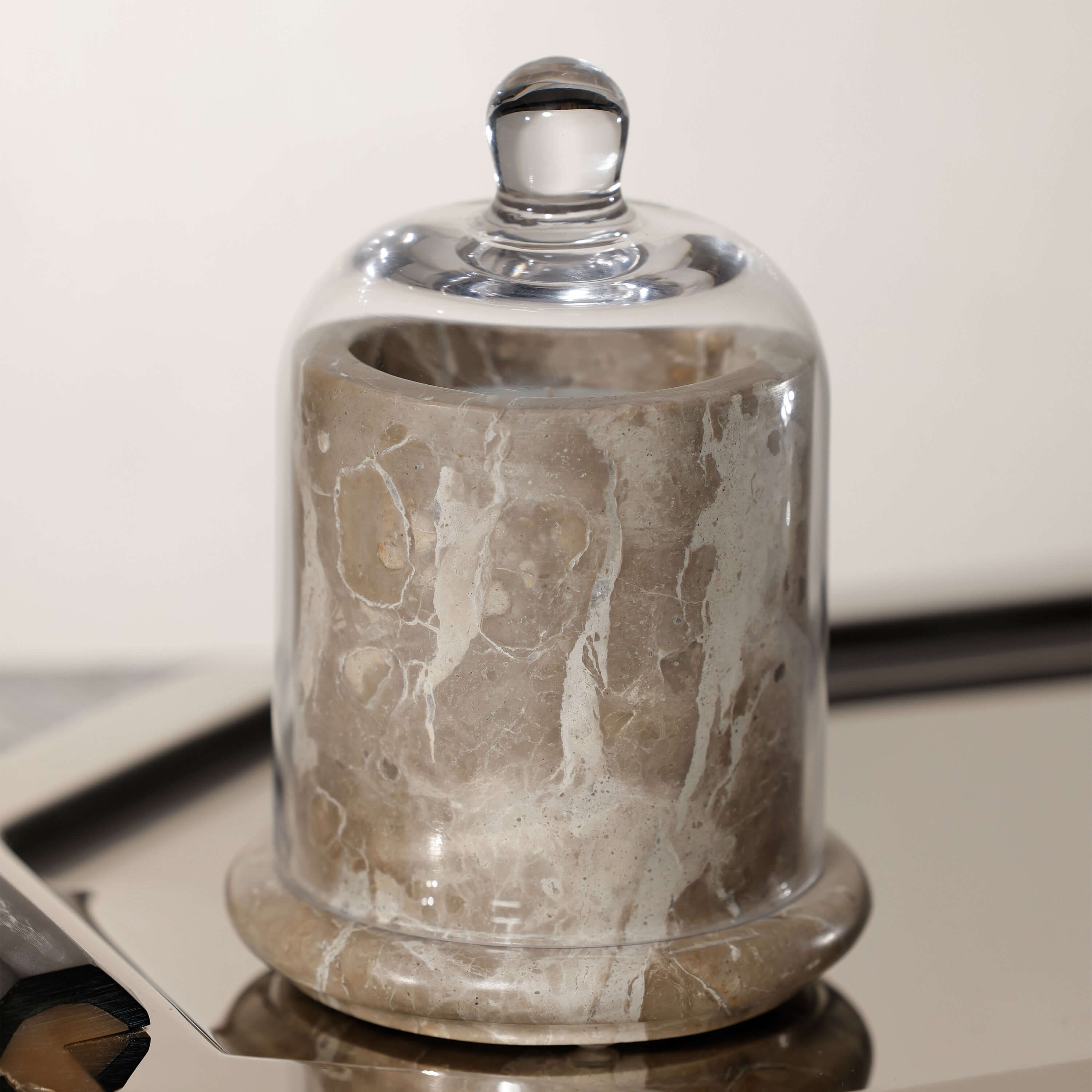 Marbella Scented Candle Jar with Cloche showcasing natural marble design and hand-blown glass dome.