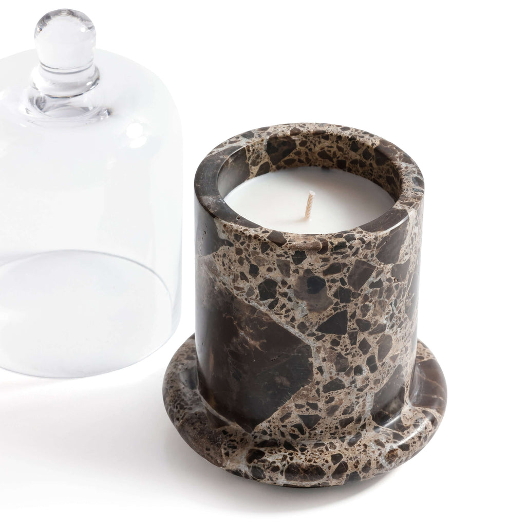 Marbella Scented Candle Jar with Cloche in natural marble with hand-blown glass cloche.