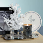 Cap Ferrat Fan Shell Design Candle in Gift Box with coral decor on metallic tray and stylish background.