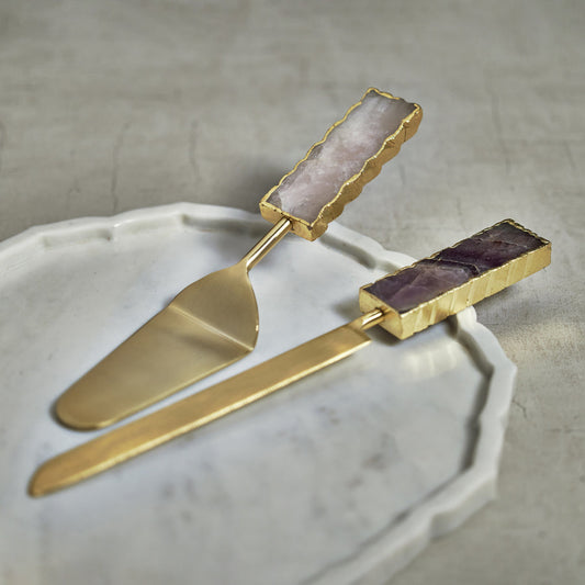 Matte Gold Cake Server Set w/ Agate Handles