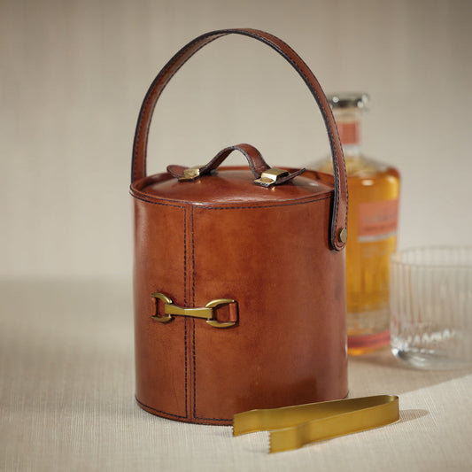 The Connaught Leather Ice Bucket w/ Gold Metal Ice Tong