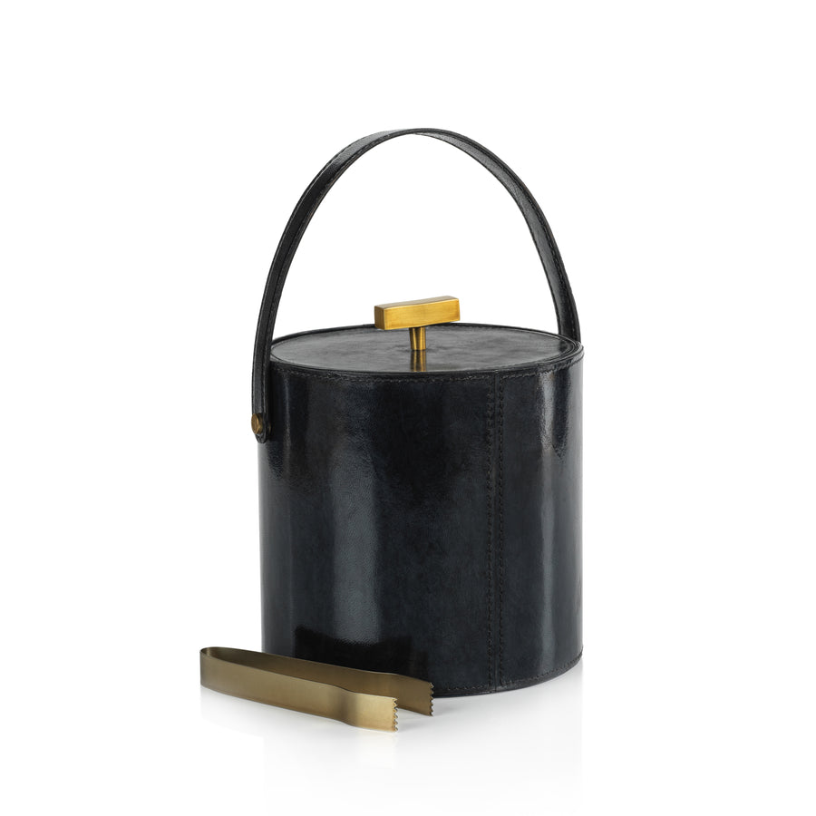 Savoy Blue Leather Ice Bucket with Gold Metal Ice Tong