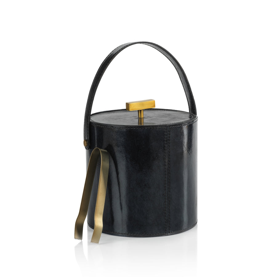 Savoy Blue Leather Ice Bucket with Gold Metal Ice Tong