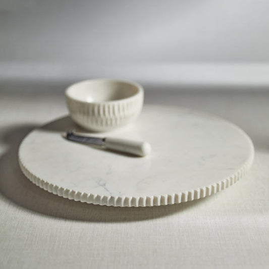 Ribbed Finish White Marble Lazy Susan