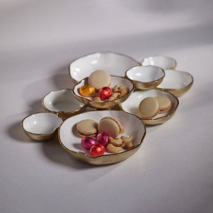Cluster of Nine Round Serving Bowls - Gold and White - Bowls by Carlyle Avenue